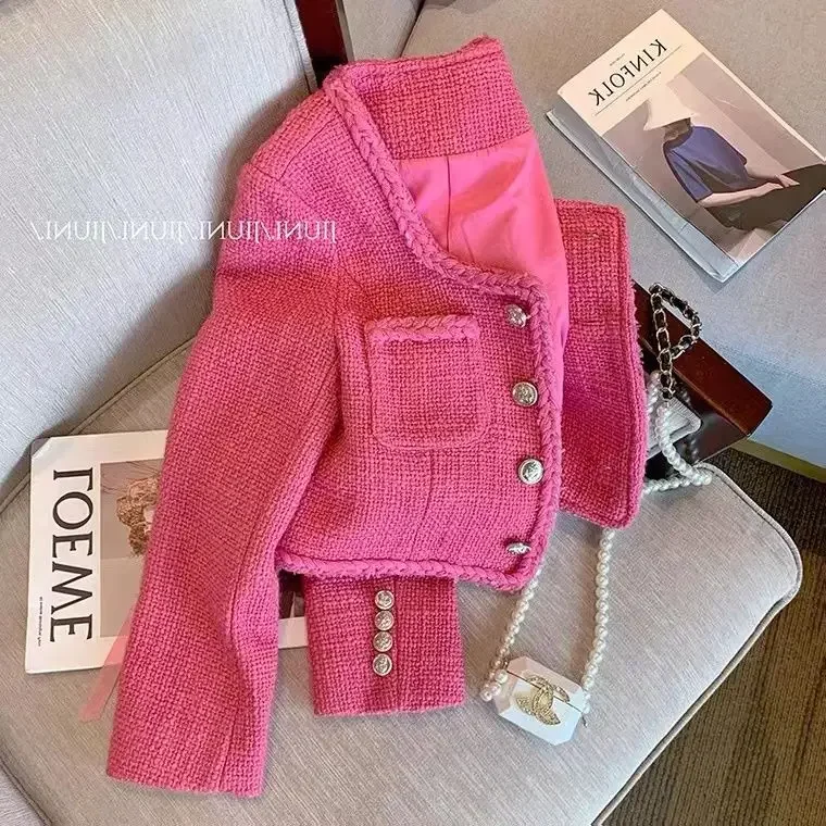 Giacca Blazer donna primavera autunno rosa bottoni in metallo abiti in Tweed grossolano cappotto vita alta OL Cardigan manica lunga Crop top 2023