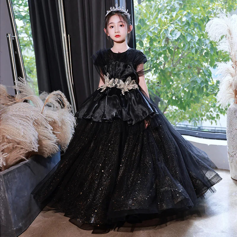 

Girls Dress Very Elegant Luxury Black Formal Gown Children Banquet Piano Musical Performance Long Prom Dresses Tutu Beading