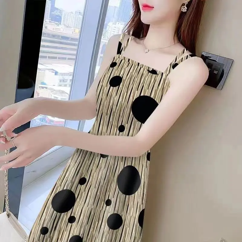 

Women's Sleeveless Polka Dot Sling Dress, Elegant Temperament Dress, Casual Clothes, Simplicity, Office Lady, Summer Fashion