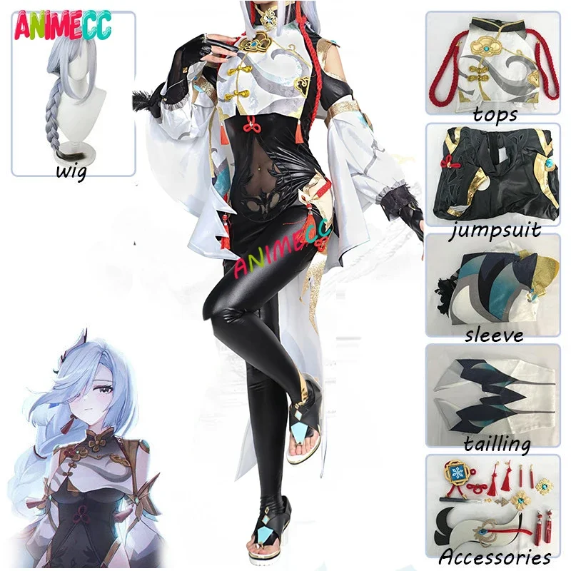 ANIMECC Genshin Impact Shenhe Cosplay Costume pour femme, perruque, combinaison de broderie sexy, perruques tressées, tenue de fête d'Halloween Anime