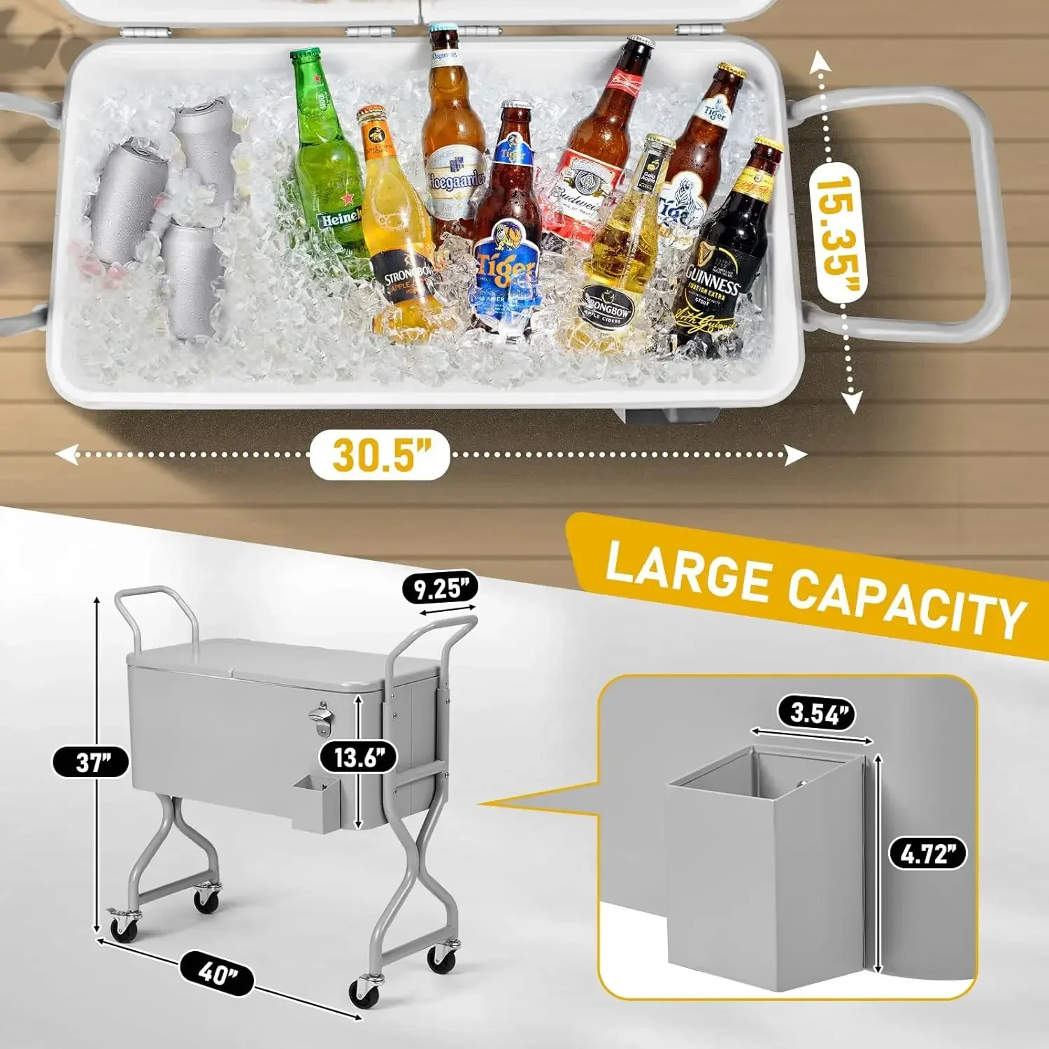 

Портативный охладитель для напитков XMSJ.80 Quart Rolling Ice Chest с поддоном для сбора воды, нижним отсеком для хранения и открывалкой для бутылок для патио и вечеринок