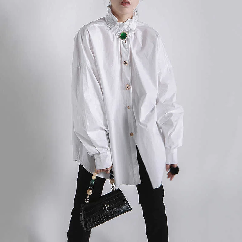 

2025 new court style lace standing collar long sleeve loose profile small design sense irregular gem button shirt