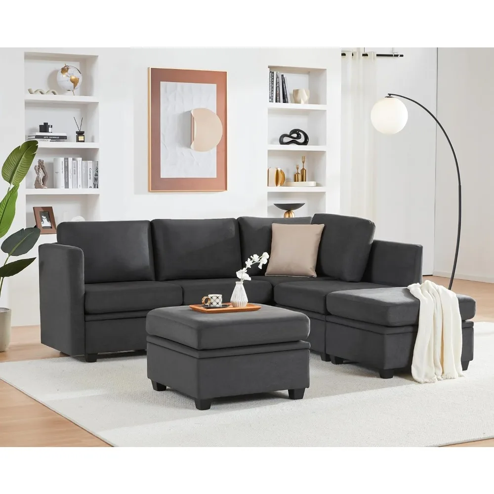 أريكة مقطعية قابلة للتحويل على شكل حرف U مع مساحة تخزين، أريكة معيارية لغرفة المعيشة، تتضمن العثمانيين، مساحة معيشة عالية الجودة