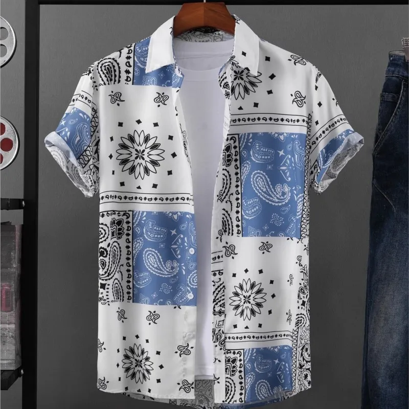 2024 Männer Paisley Print Kurzarmhemd Retro ethnische Grafik Herren hemd Turndown Kurzarm 4-Wege-Stretch-Stoffhemd