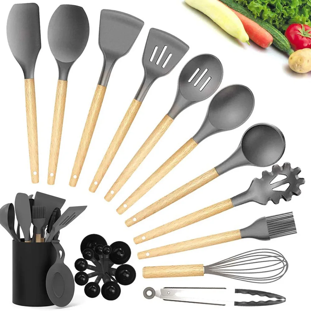 23pcs Sets Nonstick Silicone Handle Turner For Wooden Cookware Spatula Tools Spoons Gadgets Cooking Kitchen