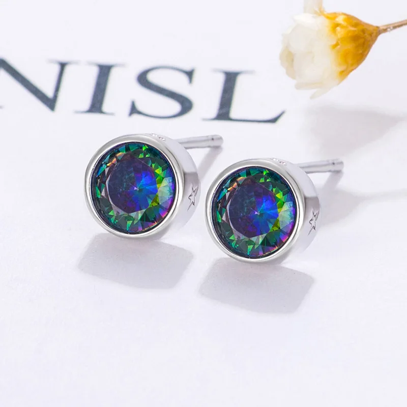 Mystic Rainbow Zircon Classic Round Stud Earrings For Men Women Silver Color Purple Pink White Stone Small Ear Studs Jewelry CZ