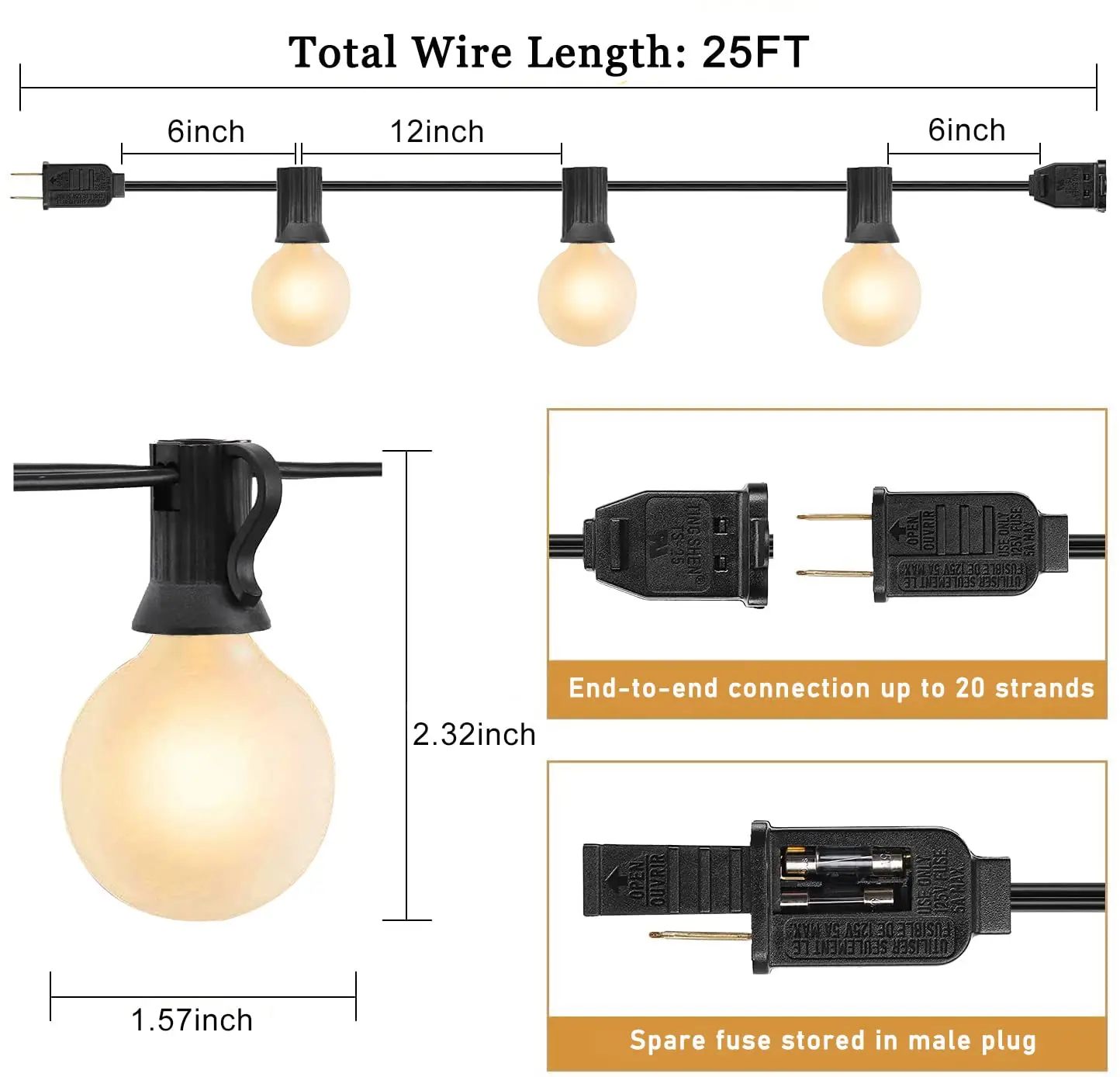 Imagem -04 - Impermeável Led String Light Vidro Fosco Jardim Decoração Luzes Rua Garland Outdoor Indoor 220v 110v 20m G40