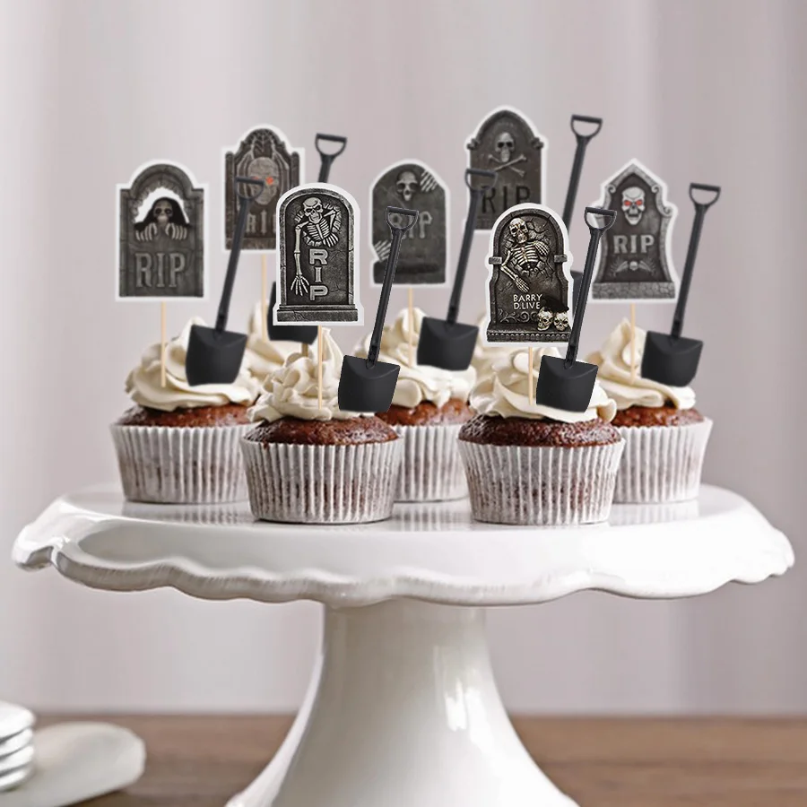 16/32 Stück Halloween Horror Cupcake Topper Grabstein Skelett Kuchen-Dessert-Deko Halloween Geburtstag Party Dekorationszubehör – Detail 10