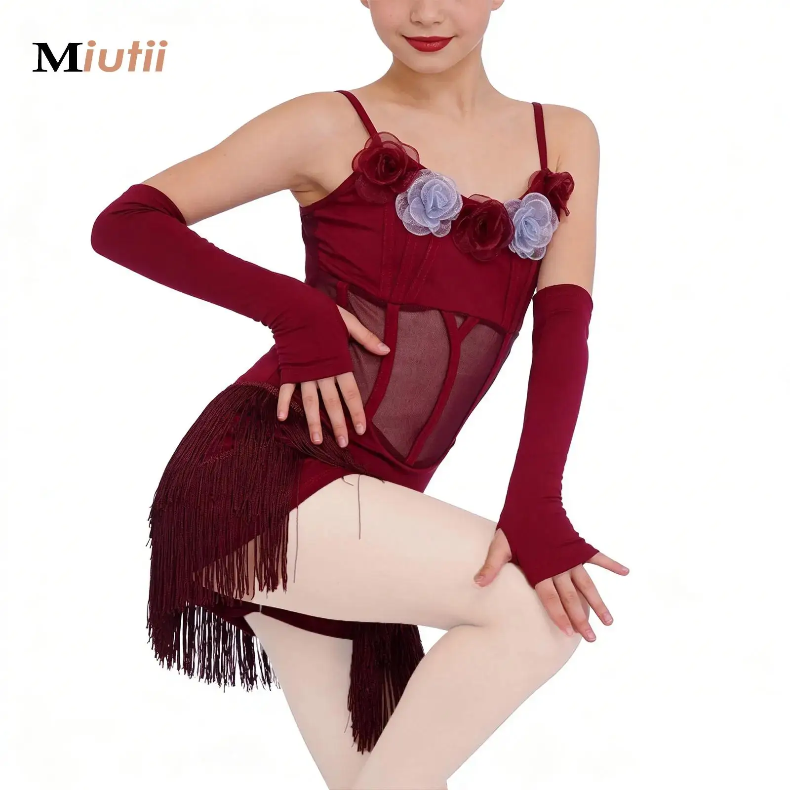 

Kids Girls Latin Jazz Rumba Samba Dance 3d Flowers Tassels Dress with Gloves Srage Performance Competition Costume Salsa Set