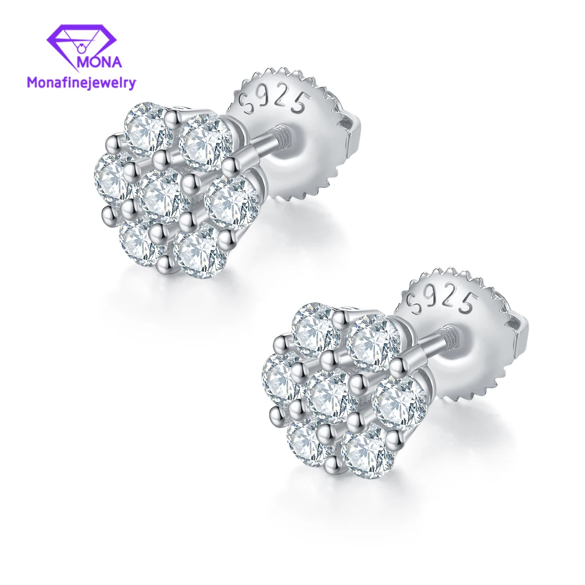 

Fine Sterling Silver Eearring Round Moissanite Diamond Plum Blossom 925 Silver Stud Eearrings Fashion Jewelry For Birthday Gift