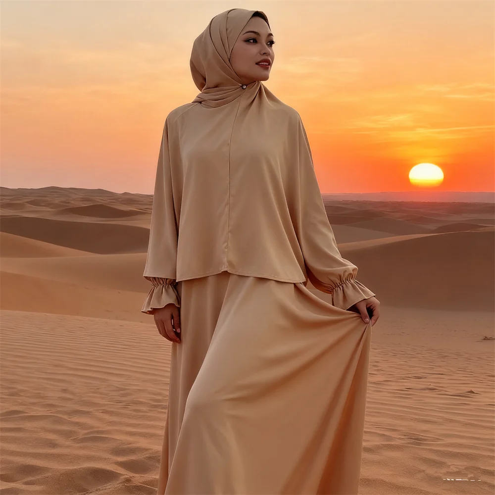 

2PCS Eid Djellaba Hooded Tops Skirt Set Women Muslim Hijab Dress Prayer Garment Islam Khimar Caftan Arab Robe Abaya Ramadan Gown