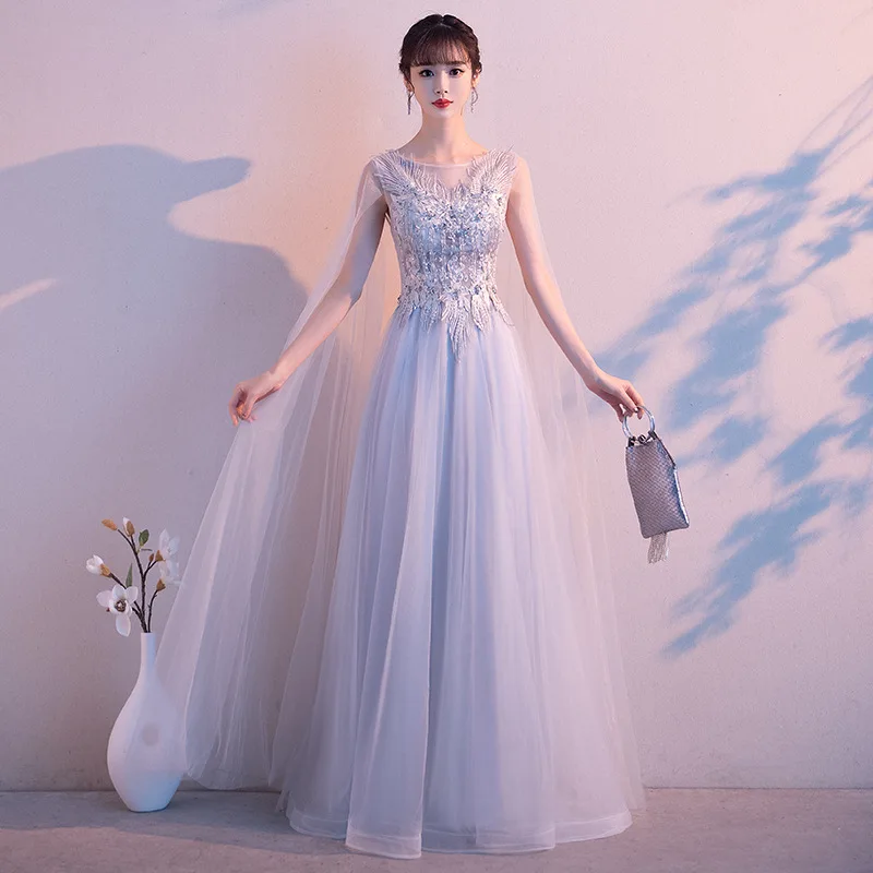 

2025 New Women's Summer Glitter Banquet Air Fluttering Yarn Long Evening Dress Fashionable Slimming Performance Host Dress