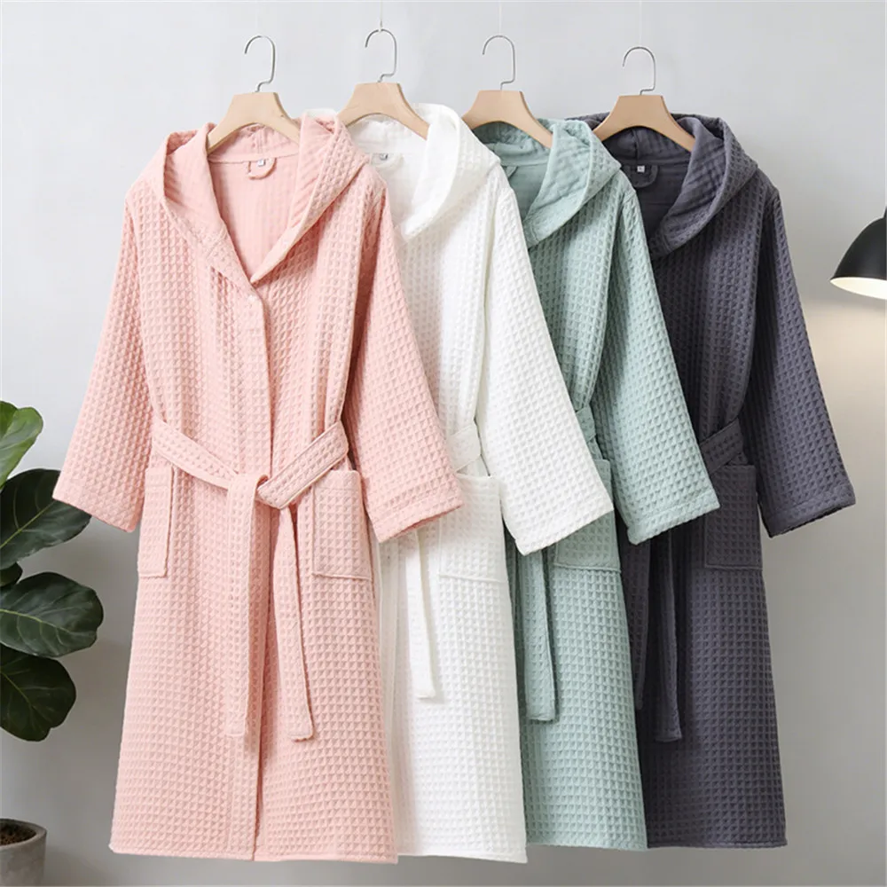 Cotton Waffle Hooded Bathrobe Hotel Home Thick Absorbent Bath Robe Sleepwear Couple Women Men Bathrobe