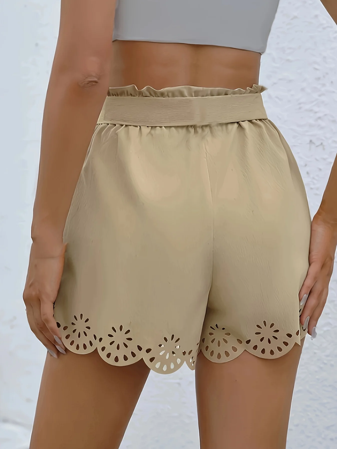 Women's Elegant Solid Color Wavy Hem Fashion Shorts with Decorative Belt Women's Shorts