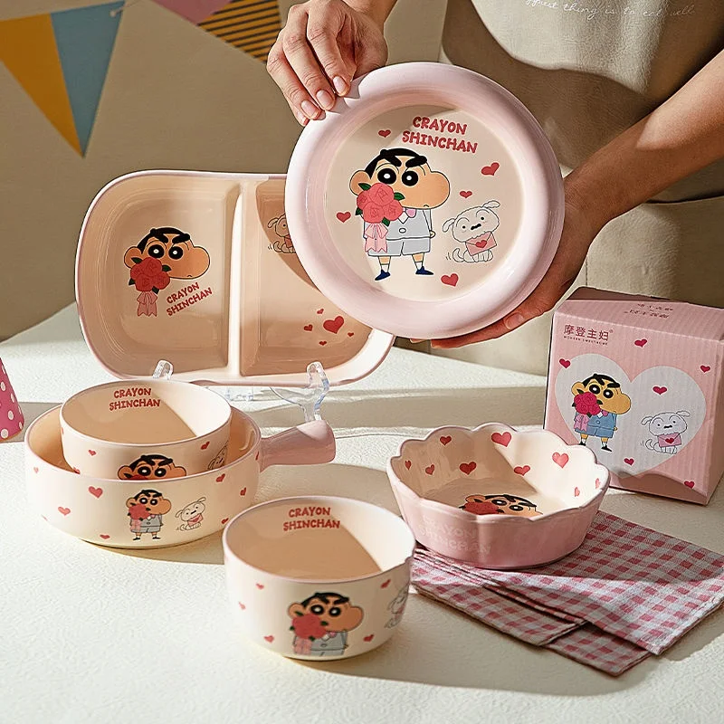 Crayon Shin Chan Ceramic Tableware Set Cartoon Home Dining Bowl Pink Cute Girl Heart Round Bowls Water Cups Plate Festival Gifts