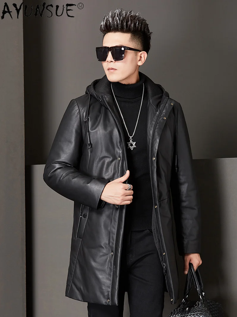 

Men Clothing Genuine Leather Winter Down Jacket Male 5XL Hooded Real Sheep Shearling Coat Thick Windbreaker Ropa LXR341