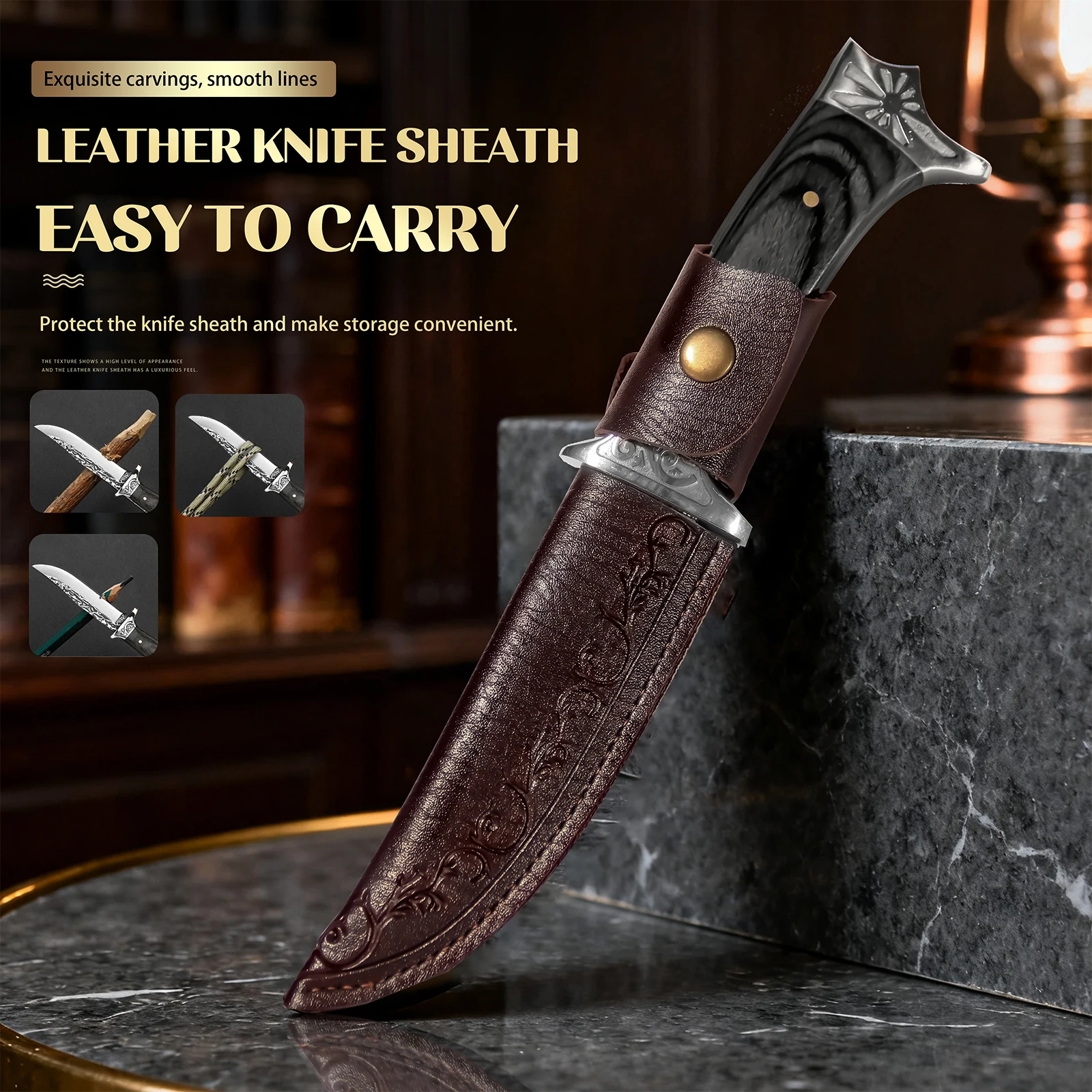 Damascus Pattern Fixed Blade Knife Portable Outdoor Camping EDC with Wooden Handle And Embossed Leather Sheath Practical Cutting Tool