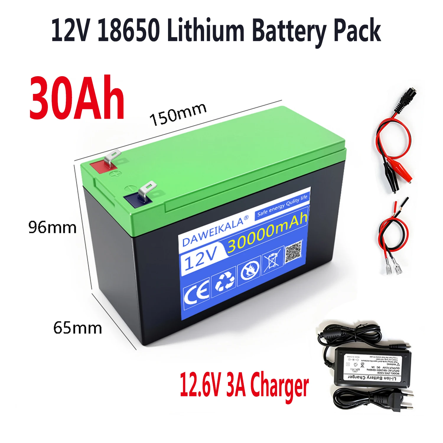Large capacity power 10Ah-30Ah 18650 lithium battery pack 12V suitable for solar energy storage, LED lights,Rechargeable battery