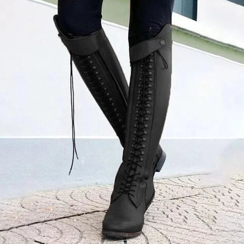 ANNYMOLI Women Pu Leather Western Boots Knee High Boots Thick Heel Round Toe Zipper Belt Buckel Fashion Winter Autumn Shoes image 3
