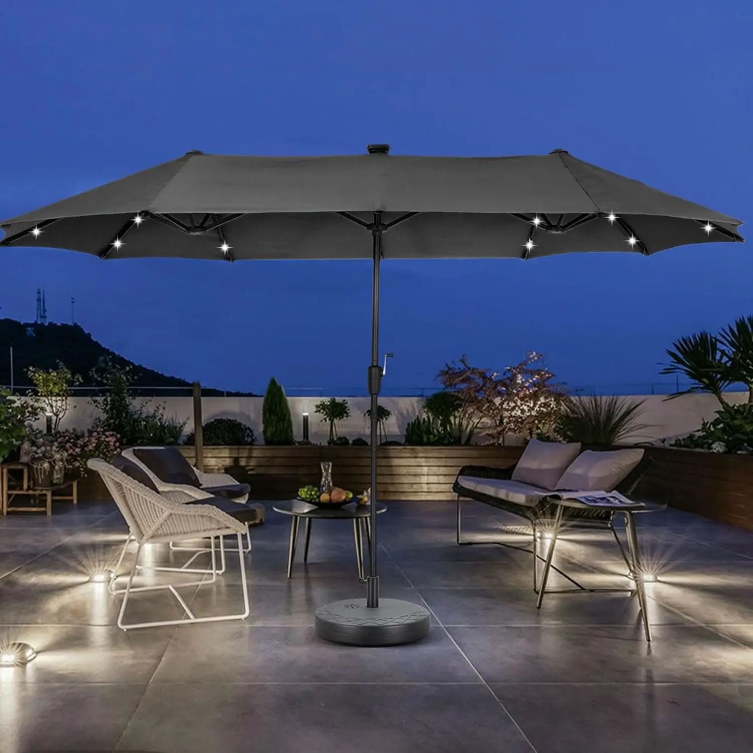 13ft Rectangle Patio Umbrella with 36 LED Solar Lights, Crank & Matching Base, Black, Customized