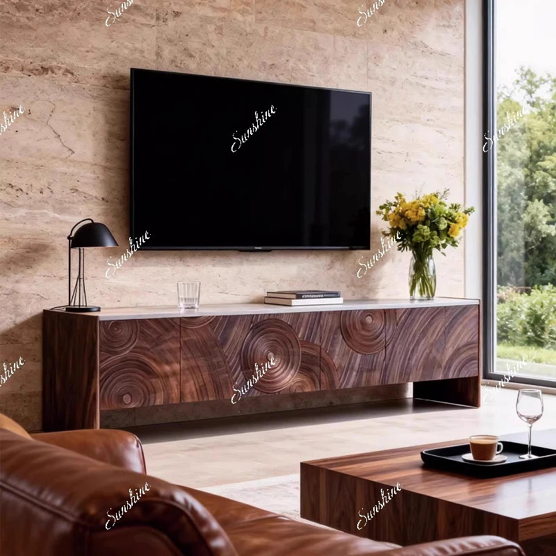 Art carving light luxury solid wood TV cabinet marble countertop living room locker minimalist storage cabinet