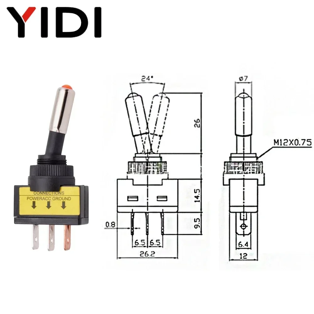 5/10pcs 12mm Auto Car Illuminated Toggle Switch ASW-15D SPST 2 Position 3pin ON OFF 12V 24V DC Red Green Blue Yellow White LED