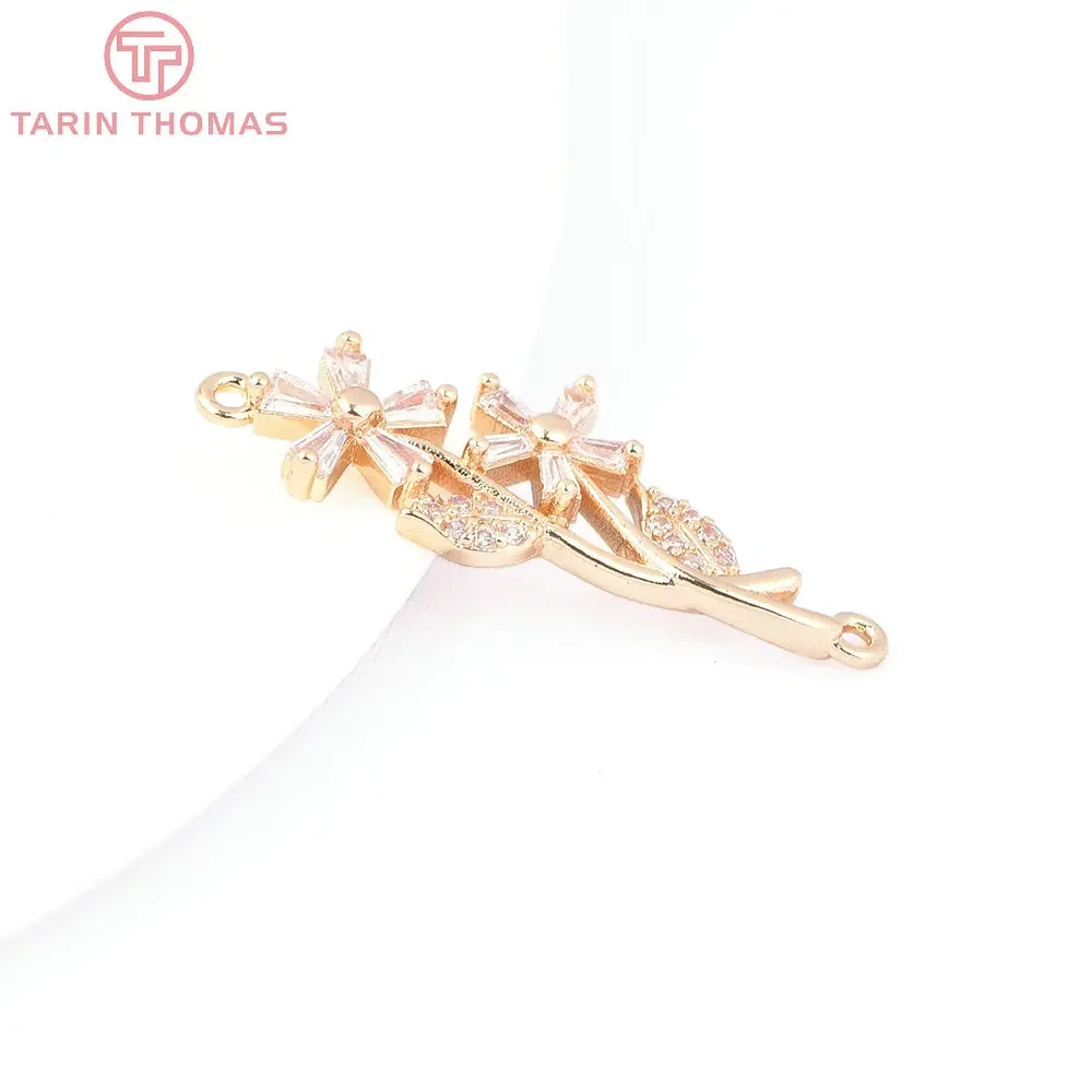 Flower Shaped Latão Pingentes Conector, Double Holes, Zircon, Descobertas Jóias DIY, 24K Cor do Ouro, 8178, 4Pcs, 11x30.5mm