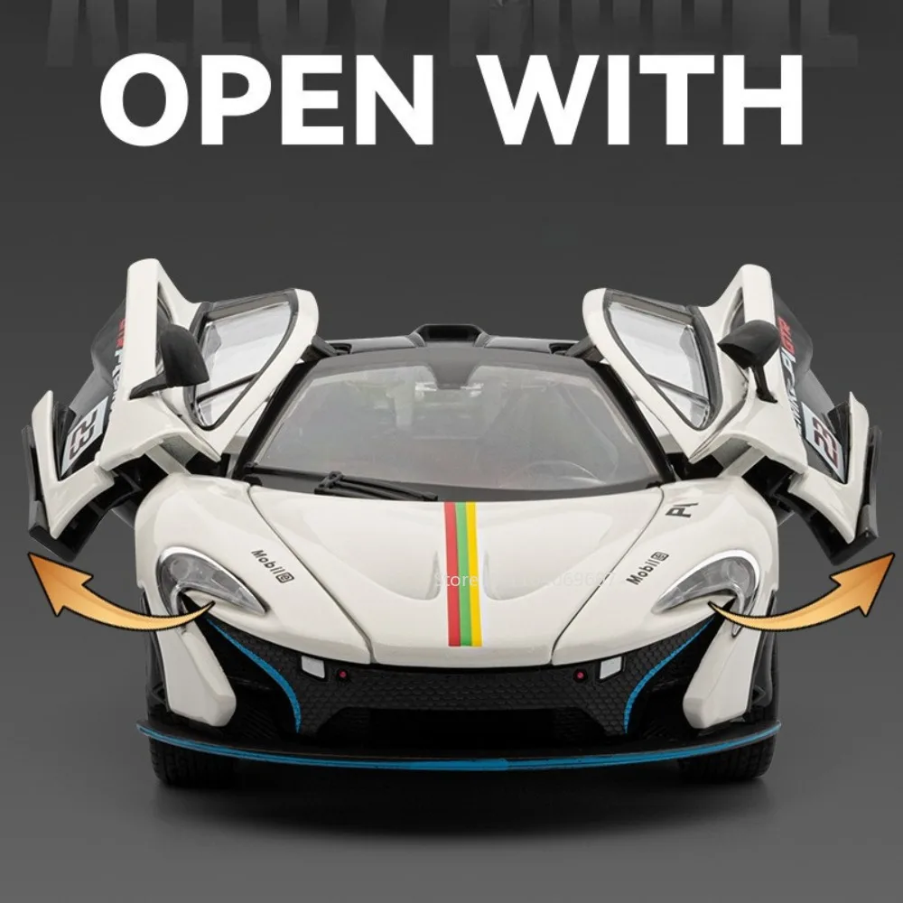 1:24 Scale P1 720S Miniature Supercar Toy Models Metal Diecast Sound Light Doors Opened Pull Back Racing Vehicles for Kids Gifts