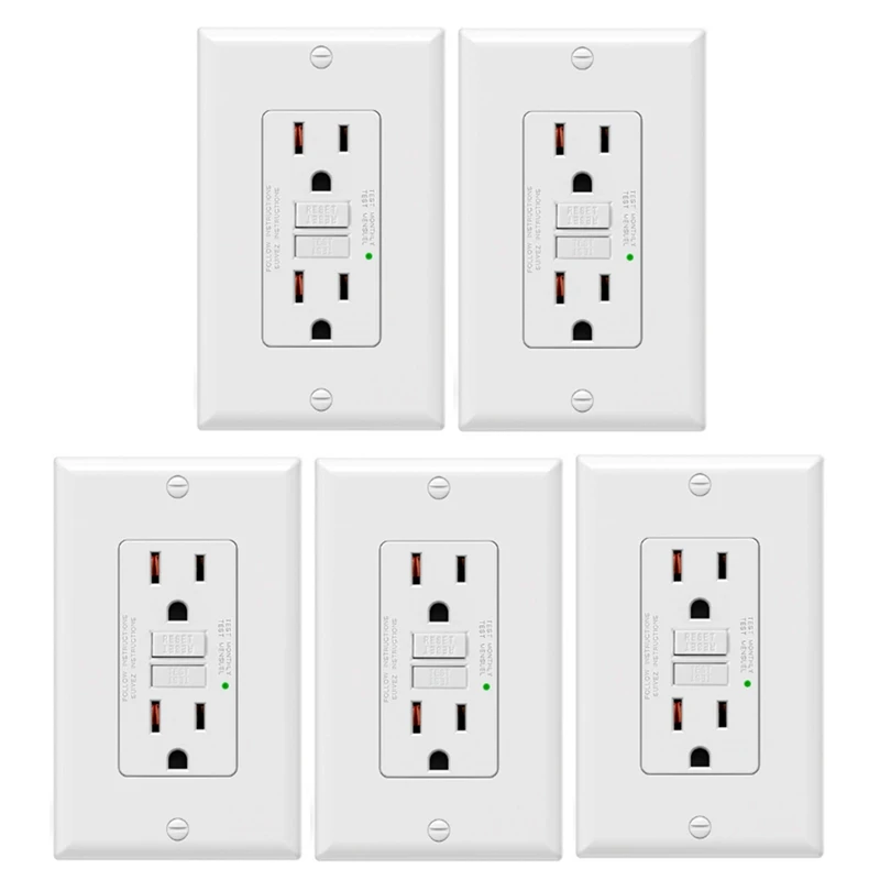 ABRU-5Pack GFCI Outlets 15 Amp,Non-Tamper Resistant,Decor GFI Receptacles With LED Indicator,Ground Fault Circuit Interrupter