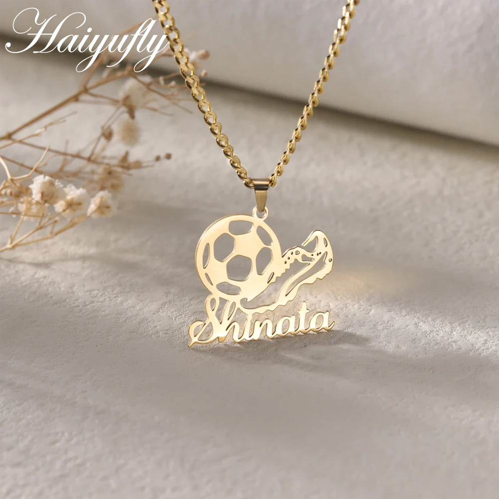 Haiyufly Personalized Custom Name Necklace for Women Men Soccer Ball Pendant Stainless Steel Choker Chain Sport Jewelry Gift