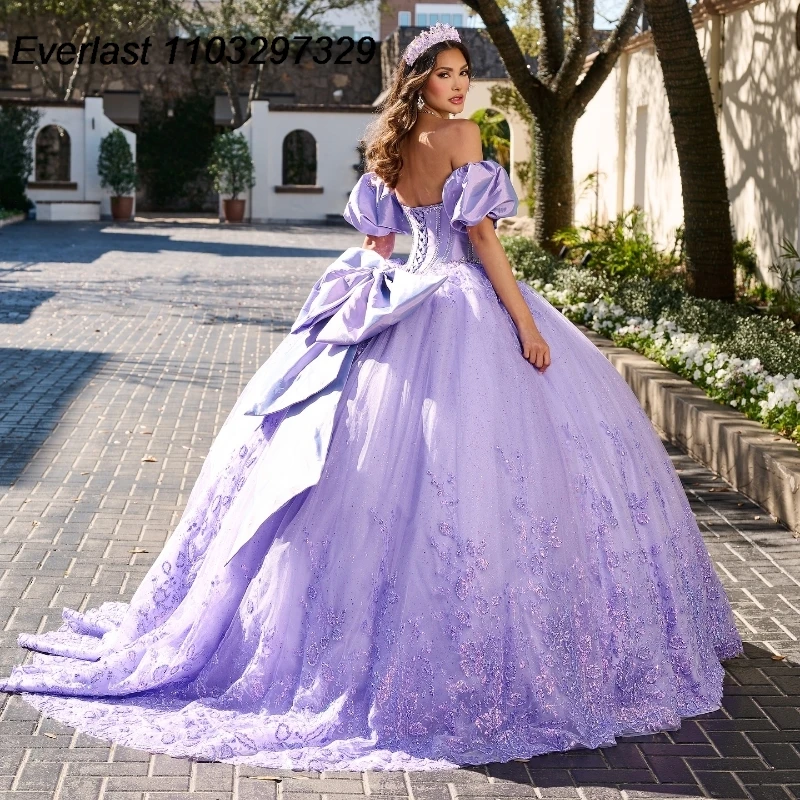 EVLAST Customized Lilac Quinceanera Dress Ball Gown Lace Applique Beaded Bow Corset Mexican Sweet 16 Vestidos De 15 Años TQD859