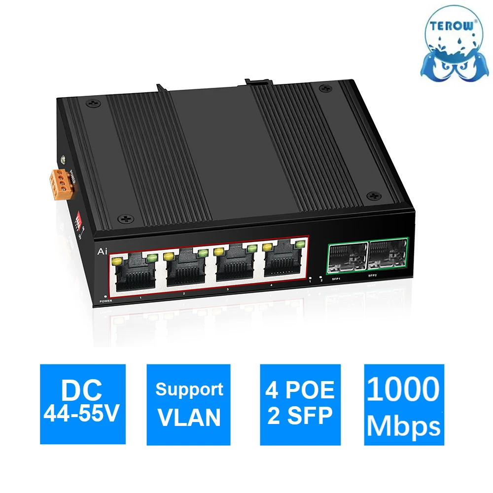 TEROW Industrial POE Switch Gigabit Switch Ethernet With 6*100/1000mbps Port Base-T Din IP40 Industrial Network Switch DC44-55V