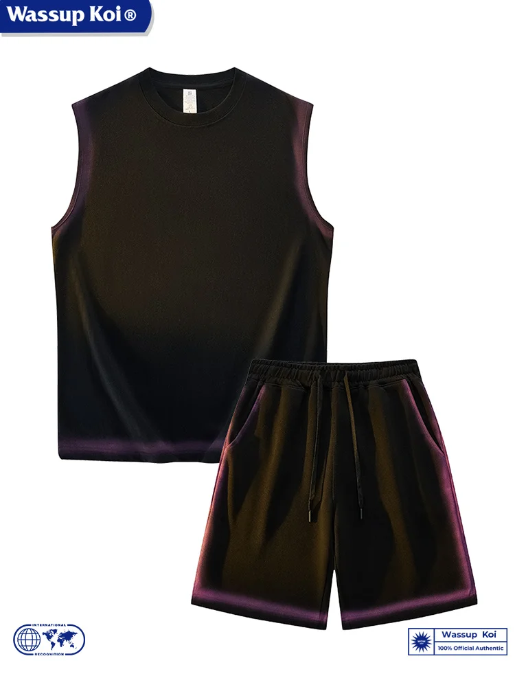 

Wassup Koi adient Pure Cotton Svel T-irt Men's Summer Fitn Running ort Sve orts Set Trendy Youth Wear