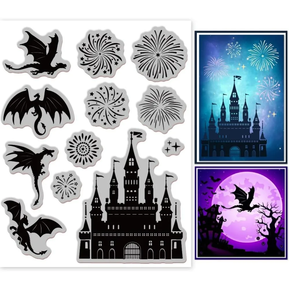 Vintage Castle Dragon Cling Rubber Stamp 7.09x8.66inch Castle Firework Clear Stamps Embossing Stamp Seal for DIY Scrapbooking