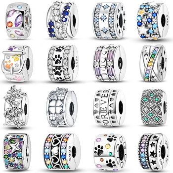 Breloques adaptées à Pan 100% argent Sterling 925, cœur, trèfle, étoile, tampon à griffes, intervalle scintillant, Bracelets originaux, bijoux à bricoler soi-même, cadeaux