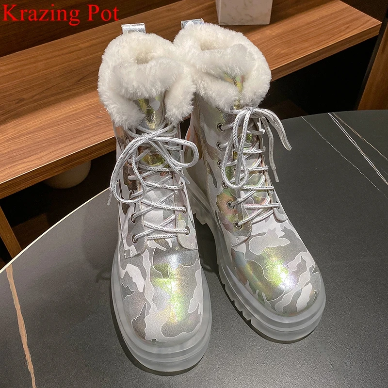 Krazing Pot Ins Cold-resistant Warm Long Plush Sheep Leather Snow Boots Thick Heel Casual Winter Platform Camouflage Ankle Boots