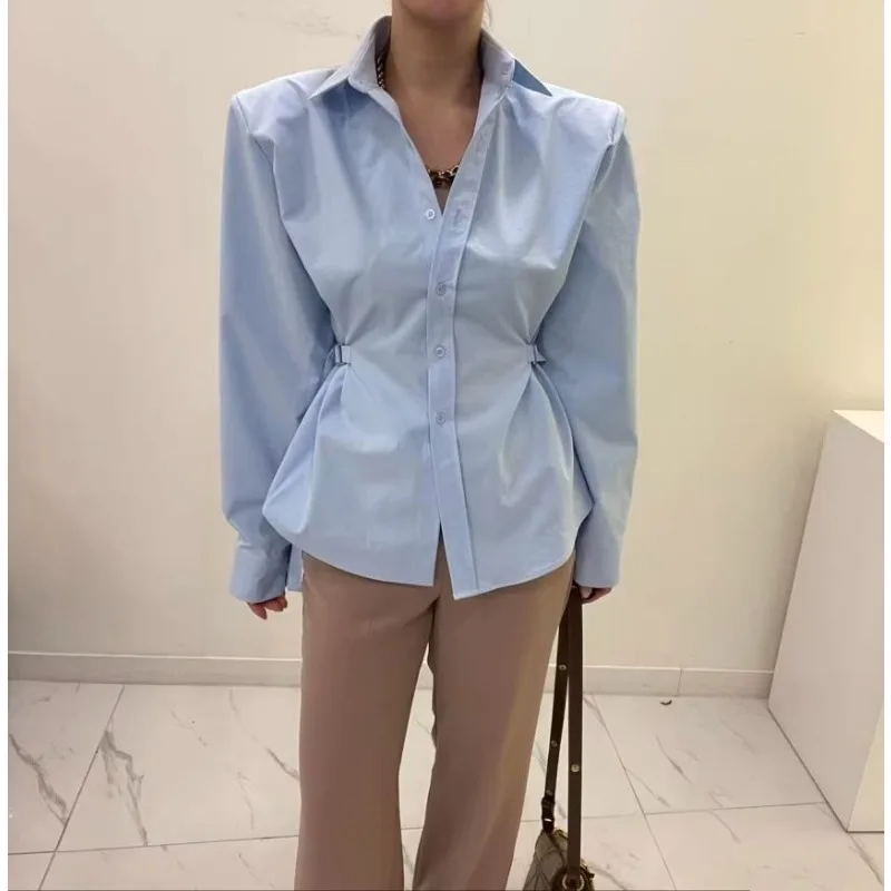 QWEEK blus wanita lengan panjang, baju dasar kantor elegan, gaya Korea, tunik anak muda, warna Solid, blus lengan panjang, baju kancing musim gugur