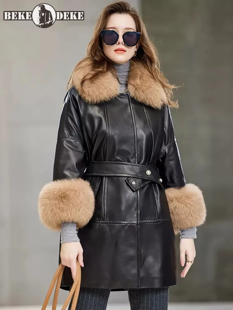 Office Ladies Winter Warm Genuine Leather Dwon Coat Fashion Brand Design Fox Fur Collar Medium Long Women Real Sheepskin Jacket