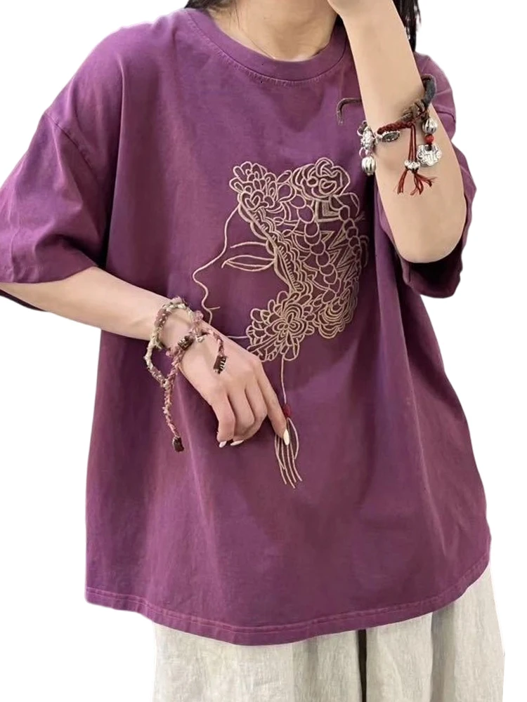 Amax luluE Chinese Summer Clothes 2025 Womens Embroidery Fashion Casual T-shirts Females Loose Vintage Luxury O Neck Cotton Tops