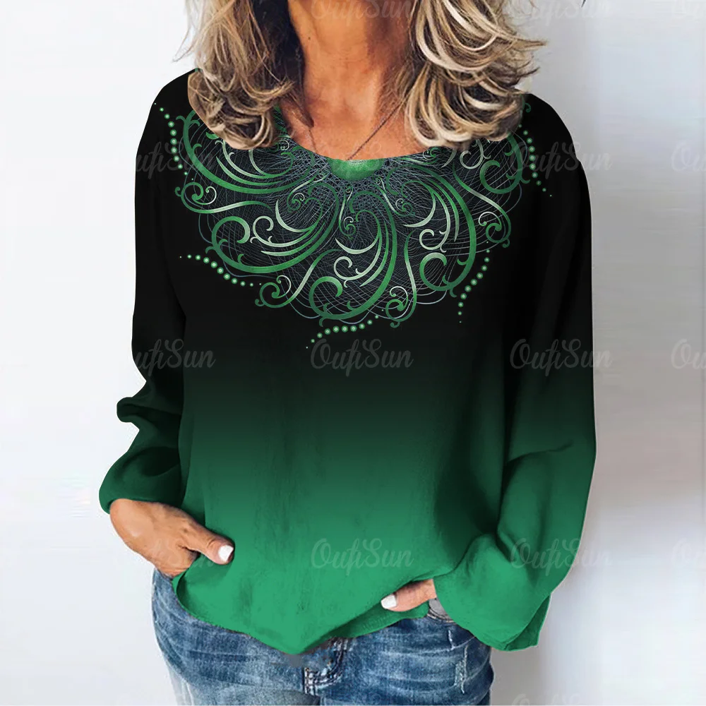 

Женская футболка в стиле ретро с геометрическим узором и длинным рукавом, Женский Топ, Свободный Повседневный пуловер с градиентом, женский топ с круглым вырезом и длинным рукавом