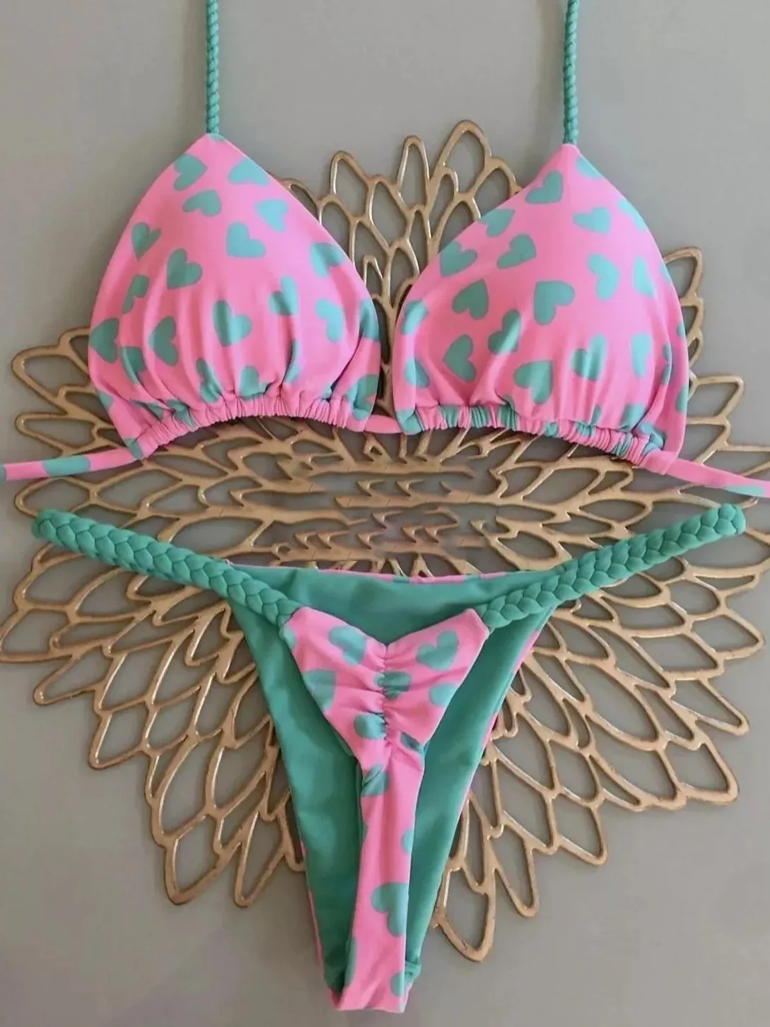 Sexy Dreieck Push-Up Bikini Brasilianische Bademode Frauen Herz Gedruckt Bikinis Gepolsterter Badeanzug Tanga Badeanzug Maillot De Bain