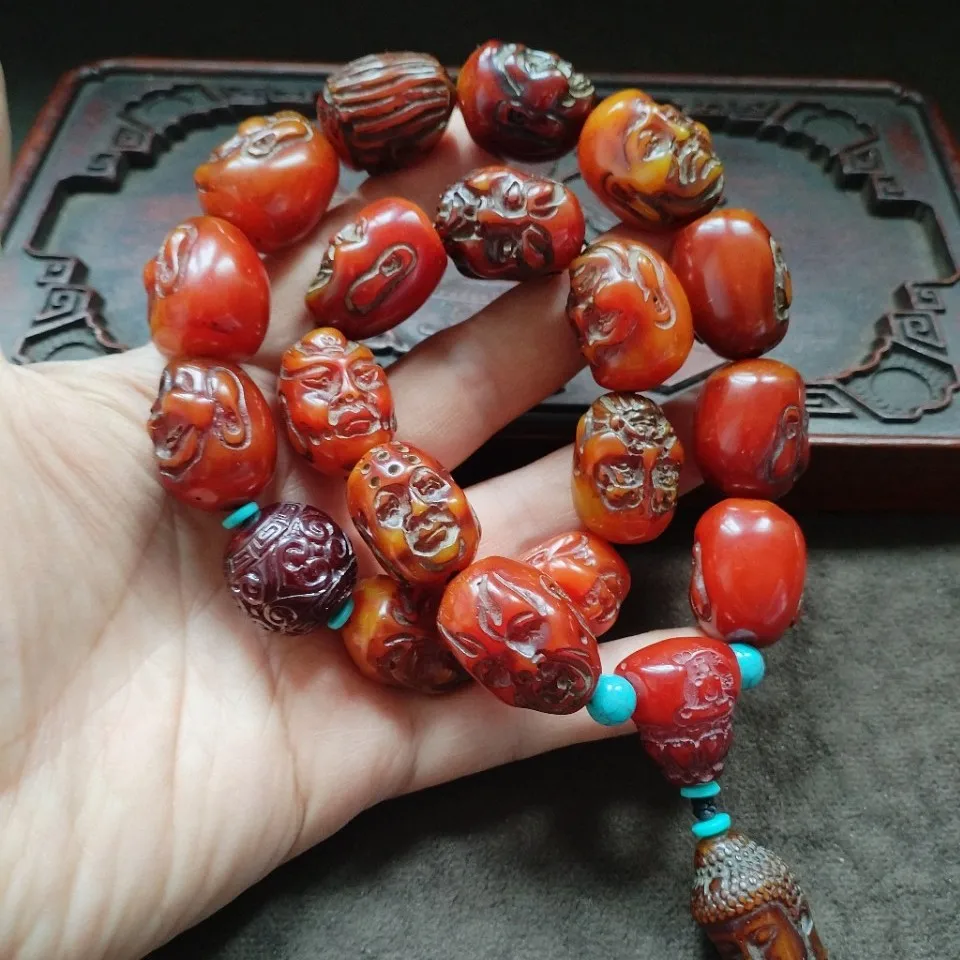 Retro Buddha Sculpted Beads Prayer Bracelet Red Imitation Resin Mala Beads Meditation Spiritual Wrist Jewelry Ornament