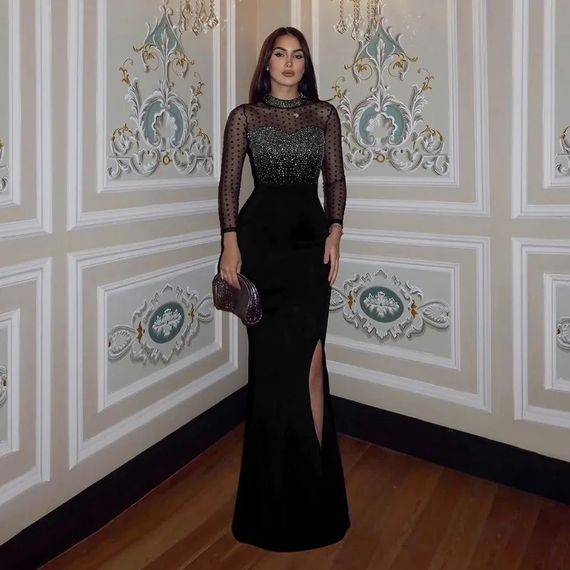 KEXU ผู้หญิงแขนยาว SHEER ตาข่ายเพชรร้อน Rhinestones MIDI Maxi ชุดยาว 2025 ฤดูร้อนวันเกิดวันหยุด PARTY Dresses