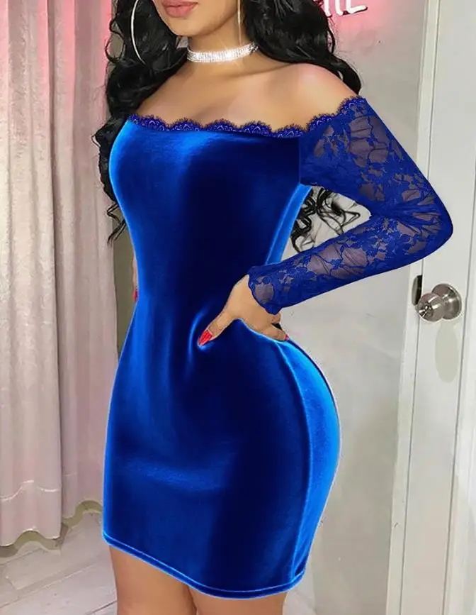 

Off Shoulder Lace Spliced Long Sleeve Ruched Evening Dress Velvet Mini Party Dress