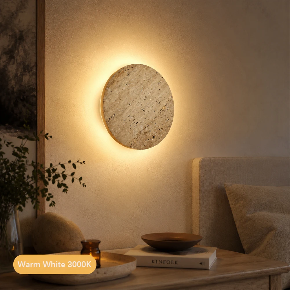 Round Natural Yellow Cave Stone Wall Lamp With wood Base Yellow Travertine Wall Light For Indoor Living Room Bedroom