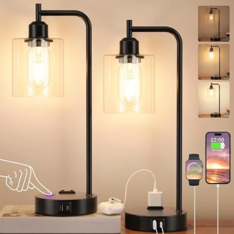 

Industrial Touch Table Lamps for Bedrooms Set of 2 - 3-Way Dimmable Nightstand Lamps with USB C+A Ports and Outlet, Black Bedsi