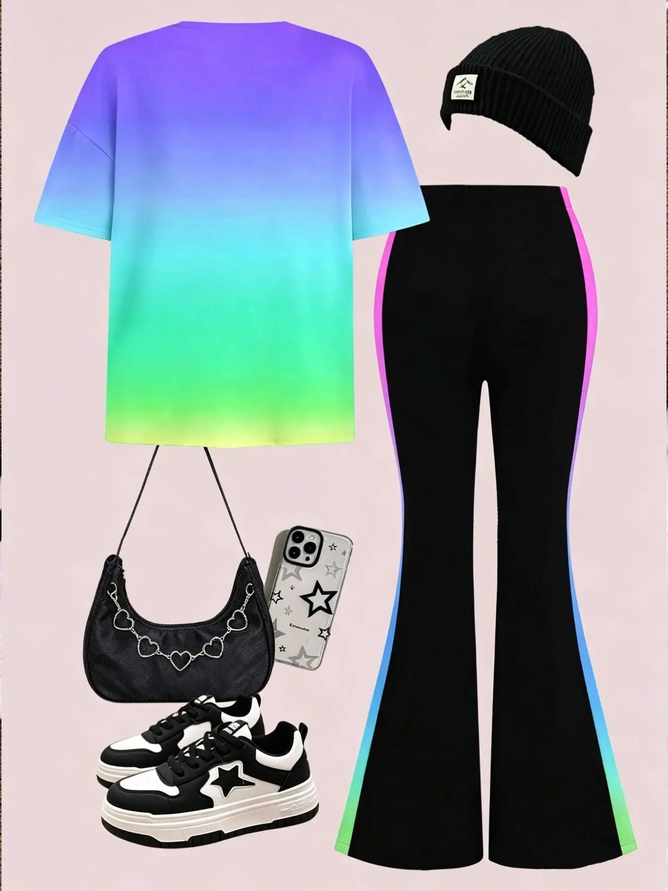 Girls' Summer Casual Outfit Set: Children's Short-Sleeve Set with Gradient Cartoon Print T-Shirt + Flared Pants Two-Piece Set Suitable for Girls over 3 Years Old, Trendy Versatile Clothing