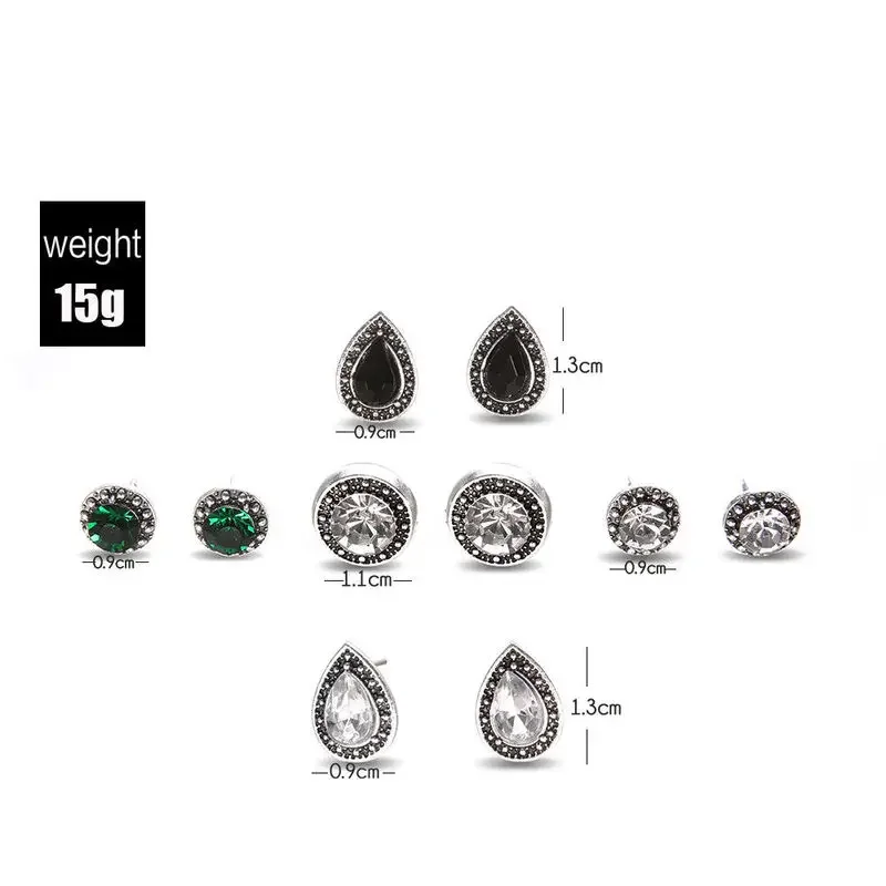 5 Pairs/Set Stud Earrings Cubic Zirconia Water Drop Green Black Crystal Gemstones Women Push-back Earring Studs