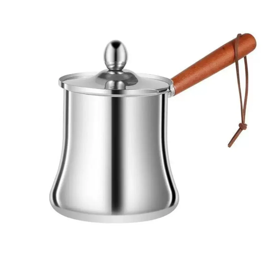 Silver Stainless Steel Coffee Pot With Wood Handle Spout For Heating Milk Tea Water Small Kitchen Appliance Accessor