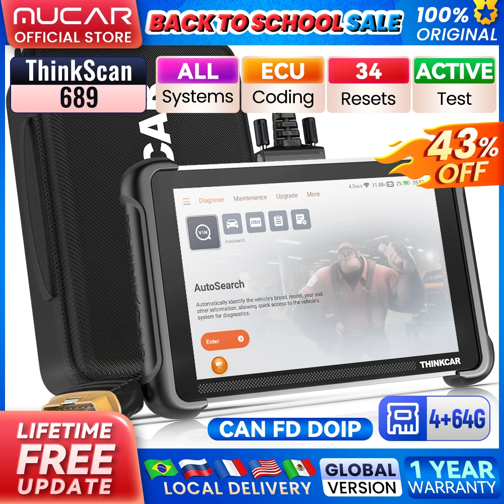THINKCAR THINKSCAN 689 Car Diagnostic Tools Bidirectional ECU Coding CANFD DOIP Obd2 Scanner 34 Resets Lifetime Free Global Vers